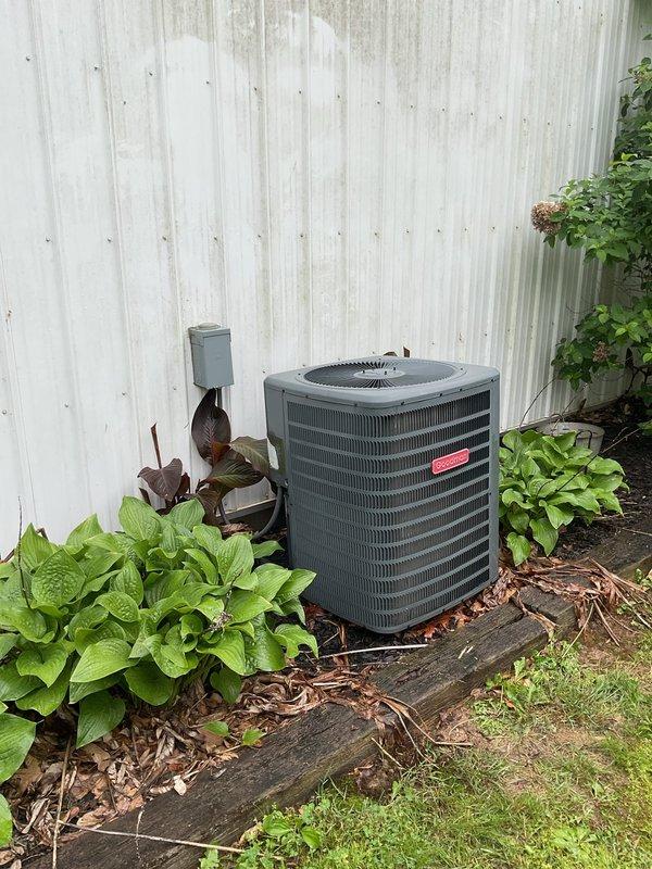 Completed Platinum Level planned maintenance on 6-year-old single-zone HVAC system including replacement of 16x20x5 filter. Inspected outdoor condensing unit, verified electrical connections and control board operation, and documented equipment condition with photographic records showing unit properly positioned in landscaped area with adequate clearance for airflow.