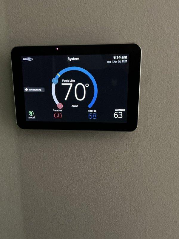 Responded to service call for outdoor unit making unusual noise on 3-year-old system. Upon arrival, performed complete system diagnostic and inspection of outdoor condensing unit to identify source of noise concern. Inspected condenser fan motor, compressor mounting, and all mechanical components for abnormal operation or wear. System was operational with adequate airflow through indoor vents and no ice buildup present at air handler. Checked refrigerant pressures, electrical connections, and contactor operation. Inspected indoor air handler and noted 20x25x5 pleated media filter showing moderate dust accumulation. Verified Lennox thermostat programming and operation, confirming system cycling properly between heating and cooling modes with setpoints at 60°F heat and 68°F cool. Documented filter condition with service date notation for future maintenance tracking. Completed full system evaluation and provided recommendations for continued operation.