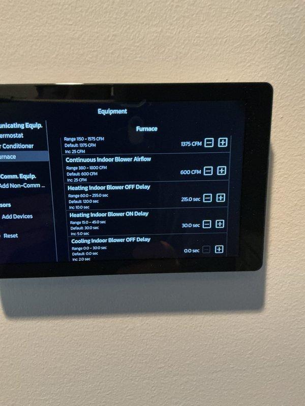Completed annual Platinum Level maintenance on single-system residential HVAC unit with 20x25x5 filter. Performed comprehensive system inspection, verified thermostat programming and equipment settings including furnace airflow configurations at 1375 CFM, continuous indoor blower at 600 CFM, and proper heating/cooling blower delay timings. System operational and functioning within manufacturer specifications.