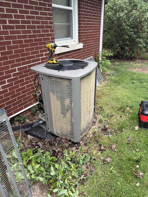 Completed planned maintenance on residential air conditioning system. Replaced heavily soiled 20x20x5 air filters that showed significant dust and debris accumulation, impacting system airflow and efficiency. Performed standard maintenance inspection of outdoor condensing unit, which is approximately 3 years old and showing normal wear patterns with some dirt buildup on exterior panels.