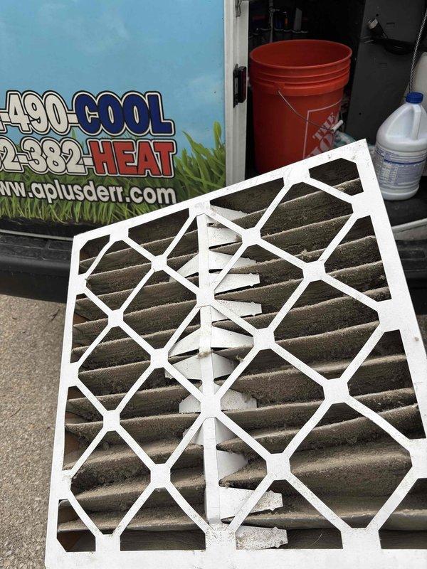 Completed planned maintenance on residential air conditioning system. Replaced heavily soiled 20x20x5 air filters that showed significant dust and debris accumulation, impacting system airflow and efficiency. Performed standard maintenance inspection of outdoor condensing unit, which is approximately 3 years old and showing normal wear patterns with some dirt buildup on exterior panels.