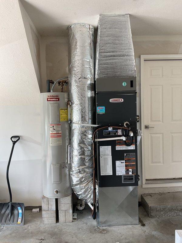 Completed annual planned maintenance on 1-year-old Lennox air handler system located in garage. Performed comprehensive system inspection including visual assessment of all accessible components, electrical connections, and refrigerant lines. Replaced 20" x 20" x 5" return air filter at filter grille location. Inspected evaporator coil, blower motor assembly, and control board for proper operation and physical condition. Verified all copper refrigerant line connections showed no signs of leakage or damage. Checked flexible ductwork insulation integrity and confirmed secure connections. System operating within normal parameters. Customer approved contract renewal for continued annual maintenance coverage.