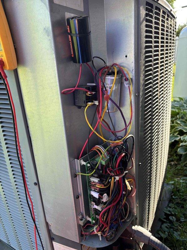 Completed first annual Platinum Level maintenance on 7-year-old HVAC system. Performed comprehensive inspection of outdoor condensing unit, including electrical panel assessment and capacitor evaluation. Verified system voltage readings at 396.5 volts using digital multimeter to ensure proper electrical operation. Inspected all internal wiring connections, contactors, and terminal blocks for secure connections and signs of wear. Replaced 20x20x5 air filter as part of routine maintenance protocol. All electrical components operating within normal parameters with no deficiencies noted.