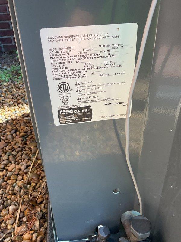 Completed annual first visit maintenance on 2-year-old Goodman HVAC system as part of Gold Level membership enrollment. Performed comprehensive inspection of outdoor condensing unit, verified manufacturer specifications and proper labeling, documented equipment condition with photos, and confirmed 20x25x5 filter requirements for ongoing service schedule.