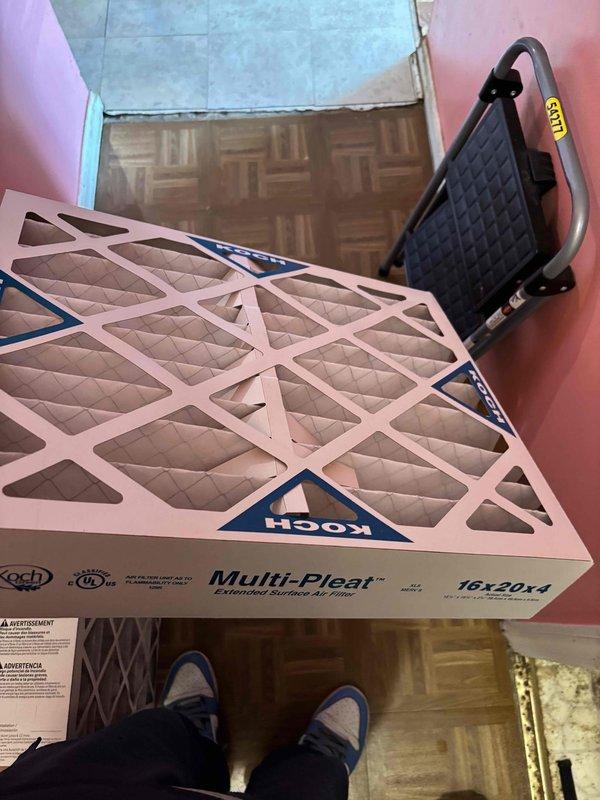Completed monthly platinum-level maintenance on a 6-year-old HVAC system, which included replacing the 16x20x5 extended surface air filter with a new Koch Multi-Pleat unit. The filter featured a diagonal lattice cardboard frame design with pleated media for enhanced filtration efficiency. System was inspected and filter replacement was performed as part of the scheduled preventative maintenance program to ensure optimal air quality and equipment performance.