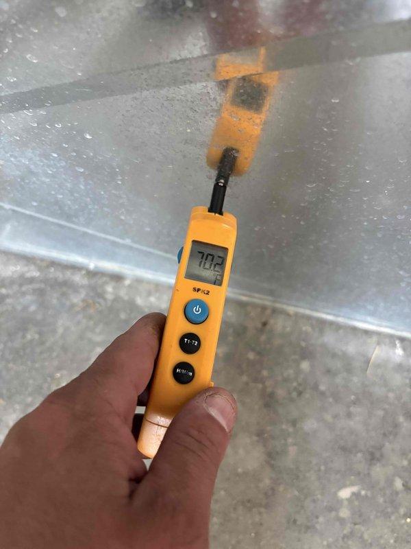 Completed Gold Level planned maintenance on 7-year-old residential HVAC system with 20x25x5 filter configuration. Performed comprehensive system inspection including temperature differential measurements at supply registers (70.2°F recorded) and outdoor condenser unit diagnostics (44.10°F recorded). All measurements within acceptable operating parameters, system operating efficiently with no deficiencies noted.