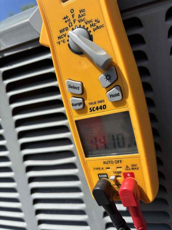 Completed Gold Level planned maintenance on 7-year-old residential HVAC system with 20x25x5 filter configuration. Performed comprehensive system inspection including temperature differential measurements at supply registers (70.2°F recorded) and outdoor condenser unit diagnostics (44.10°F recorded). All measurements within acceptable operating parameters, system operating efficiently with no deficiencies noted.
