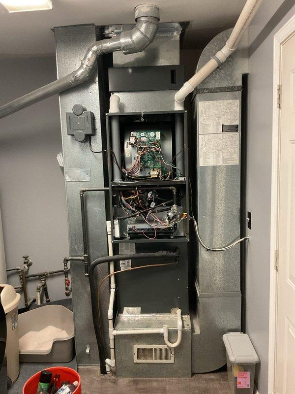 Completed comprehensive platinum-level maintenance on single-system HVAC unit including indoor furnace and outdoor condensing unit. Performed thorough inspection of all electrical components, contactors, and wiring connections on both indoor and outdoor equipment. Replaced 20x20x5 air filter, verified proper airflow through ductwork, and inspected PVC condensate drainage system. All mechanical and electrical components found operating within normal parameters, system tested and confirmed functioning properly.