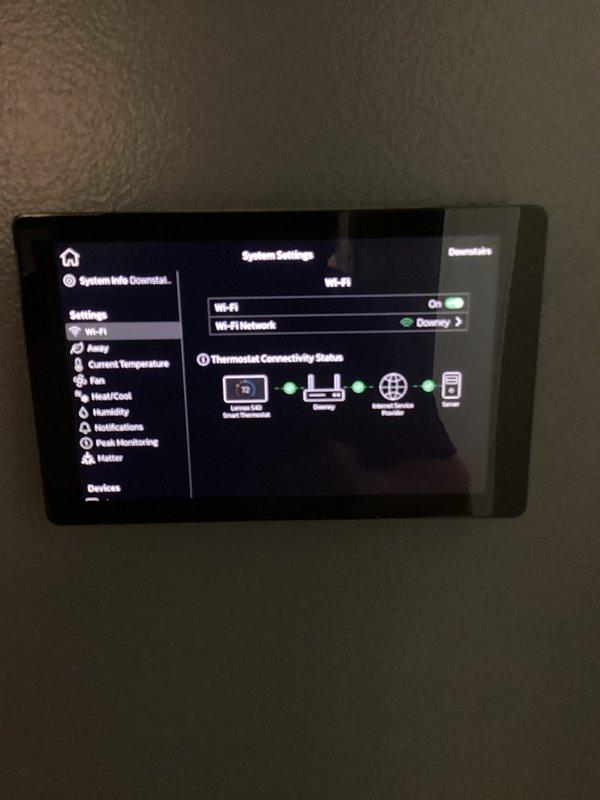 Completed first scheduled maintenance visit for dual HVAC system as part of three-month planned maintenance program. Inspected Lennox SLP99DF070XV36B furnace unit and verified all manufacturer specifications and safety labels were intact and legible. Replaced two 16x25x5 air filters per maintenance schedule to ensure optimal airflow and system efficiency. Verified thermostat connectivity and Wi-Fi network integration, confirming proper communication between thermostat, router, and remote monitoring capabilities. All system components operating within normal parameters with successful connection status across all control interfaces.