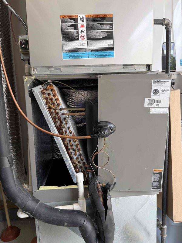 Performed annual Platinum Level maintenance on 3-year-old HVAC system. Replaced 20x25x2 polarized air filter and completed comprehensive system inspection. During inspection, discovered extensive rust and corrosion on evaporator coil assembly, with significant oxidation damage across the coil fins. Documented coil condition with photographs showing deteriorated metallic surfaces and corrosion patterns. Verified all refrigerant lines, copper piping, condensate drain system, and electrical connections. Unit remains under warranty coverage. Submitted part order request for replacement evaporator coil with model and serial number documentation, manufacturer information, and photographic evidence to expedite warranty processing. Follow-up visit scheduled for coil replacement upon part arrival, estimated as half-day repair. System operational but requires evaporator coil replacement to prevent further deterioration and maintain efficiency.