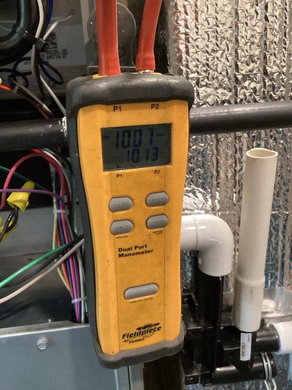 Completed Platinum Level maintenance on single HVAC system. Investigated customer concern regarding thermostat set to 66 degrees but temperature not dropping below 69 degrees overnight. Performed comprehensive system diagnostics using digital manometer to measure static pressures and airflow parameters, inspected ductwork insulation, verified electrical connections and control wiring, and evaluated overall system performance to identify cooling deficiency.