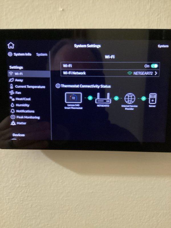 Completed first scheduled quarterly maintenance visit on HVAC system. Inspected and photographed control board assembly showing proper operation of all electronic components, sensor connections, and terminal blocks. Verified Lennox S40 smart thermostat functionality with successful Wi-Fi connectivity to NETGEAR72 network and confirmed communication pathway through internet service provider to server. Replaced 16x25x5 air filter as part of routine three-month maintenance protocol.