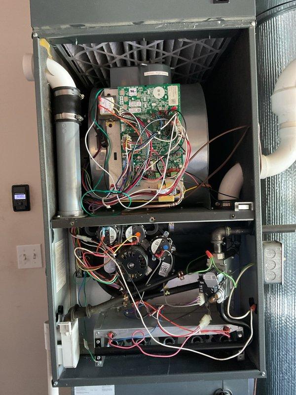 Completed Platinum Level maintenance on dual HVAC system during annual second visit. Inspected both indoor air handler and outdoor condensing unit, verifying all electrical components, capacitors, circuit boards, and blower motor operation. Replaced 16x25x5 and 20x25x5 filters, checked all wire connections, and confirmed proper system functionality on both units.