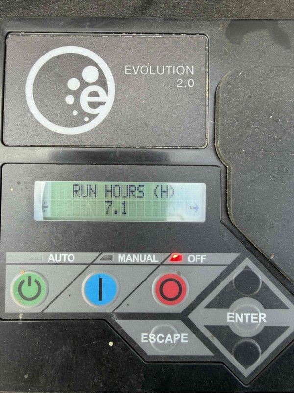 # Generator Maintenance

Performed routine maintenance inspection on Evolution 2.0 generator system. Unit displayed 7.1 run hours on the control panel LCD display. Verified proper operation of all control functions including AUTO, MANUAL, and OFF modes. Confirmed Cold Smart Start feature was enabled and functioning correctly. Inspected control panel buttons and display for proper operation. All systems tested and operating within normal parameters. Generator is ready for service.