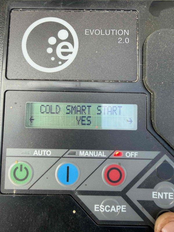 # Generator Maintenance

Performed routine maintenance inspection on Evolution 2.0 generator system. Unit displayed 7.1 run hours on the control panel LCD display. Verified proper operation of all control functions including AUTO, MANUAL, and OFF modes. Confirmed Cold Smart Start feature was enabled and functioning correctly. Inspected control panel buttons and display for proper operation. All systems tested and operating within normal parameters. Generator is ready for service.