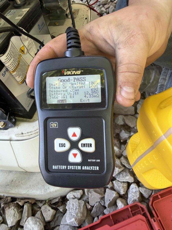 Completed scheduled preventive maintenance on residential standby generator unit. Performed comprehensive battery system analysis using diagnostic analyzer, confirming battery in good operational condition with 100% state of charge, 650 measured CCA, 12.89V output, and 4.33mΩ internal resistance—all parameters within manufacturer specifications. Verified generator control panel functionality through Evolution 2.0 controller interface, observing utility recovery voltage reading of 190V and confirming proper operation of AUTO/MANUAL/OFF selector modes and all control buttons. Unit tested successfully and left in automatic standby mode for normal operation.