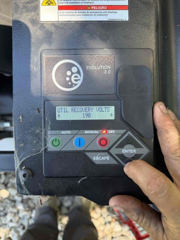 Completed scheduled preventive maintenance on residential standby generator unit. Performed comprehensive battery system analysis using diagnostic analyzer, confirming battery in good operational condition with 100% state of charge, 650 measured CCA, 12.89V output, and 4.33mΩ internal resistance—all parameters within manufacturer specifications. Verified generator control panel functionality through Evolution 2.0 controller interface, observing utility recovery voltage reading of 190V and confirming proper operation of AUTO/MANUAL/OFF selector modes and all control buttons. Unit tested successfully and left in automatic standby mode for normal operation.