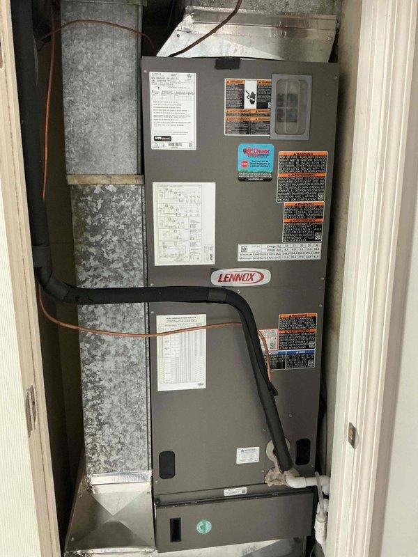 # HVAC Maintenance Completed

Performed annual planned maintenance on a one-year-old Lennox air handler system. Conducted comprehensive system inspection including filter evaluation, refrigerant line assessment, and electrical component verification using digital testing equipment. Identified and documented moisture damage and potential mold growth in the unit's base area requiring future attention, while all mechanical components operated within normal parameters.