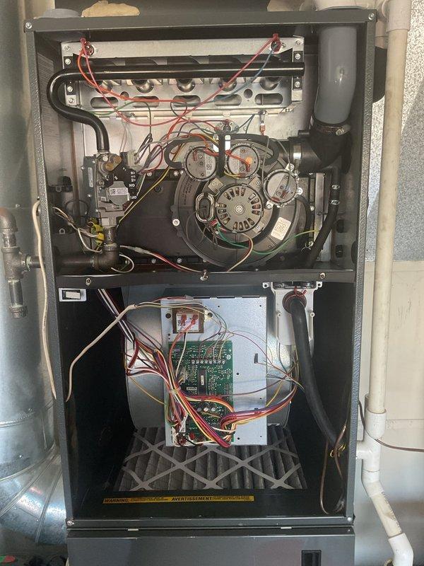 Completed platinum maintenance service on residential HVAC system during first visit of four-year maintenance plan. Performed comprehensive inspection of outdoor condensing unit and indoor furnace assembly, including examination of compressor, electrical connections, contactors, and all wiring terminations. Inspected heat exchanger, blower motor assembly, gas valve components, control board, and all safety devices. Installed 20x25x5 air filter. All components found operating within normal parameters with proper electrical connections and secure mechanical assemblies.