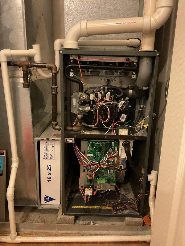 Completed monthly planned maintenance on 8-year-old HVAC system. Accessed furnace cabinet, inspected internal components including control boards, wiring connections, and heat exchanger assembly. Verified proper operation of all electrical connections and gas line fittings. Checked PVC venting and drainage system for proper configuration. Confirmed 16x25x5 filter size specification and replaced air filter per maintenance schedule. Inspected ductwork connections and sealed unit. System operating within normal parameters upon completion.