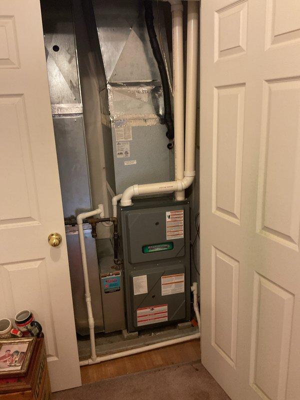 Completed monthly planned maintenance on 8-year-old HVAC system. Accessed furnace cabinet, inspected internal components including control boards, wiring connections, and heat exchanger assembly. Verified proper operation of all electrical connections and gas line fittings. Checked PVC venting and drainage system for proper configuration. Confirmed 16x25x5 filter size specification and replaced air filter per maintenance schedule. Inspected ductwork connections and sealed unit. System operating within normal parameters upon completion.