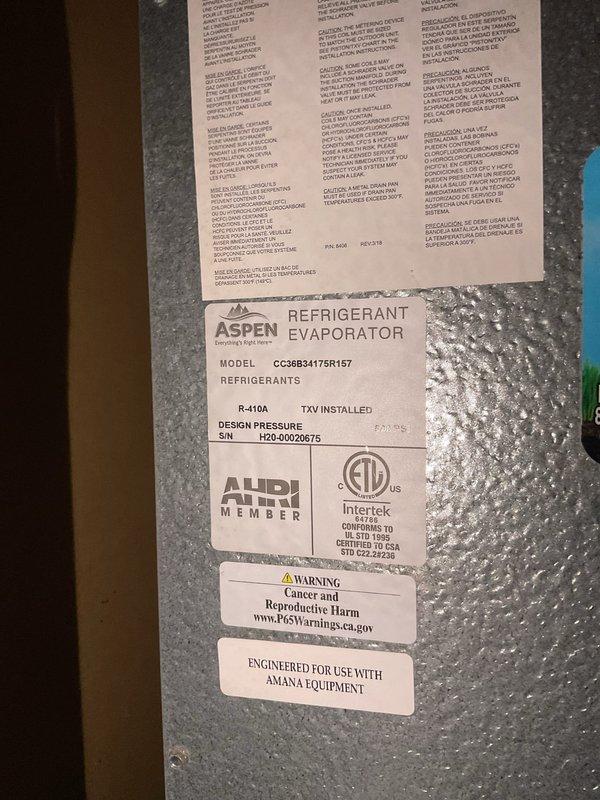 Completed second annual Platinum Level maintenance visit on 5-year-old Aspen refrigerant evaporator system (Model CC36B24175R157) with R-410A refrigerant and TXV. Performed comprehensive system inspection including blower motor operation, burner assembly condition, heat exchanger integrity, control board functionality, and all electrical connections; replaced 16x25x5 air filter and documented equipment specifications and serial number for service records.