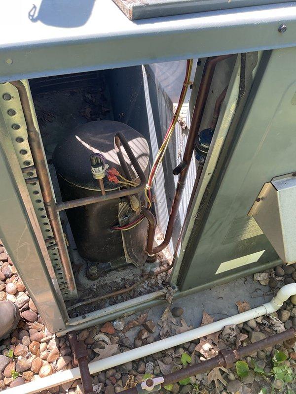 Completed scheduled Gold Level maintenance on 9-year-old single system. Inspected electrical control panel and outdoor condensing unit, noting weathered terminal connections and accumulated debris in compressor compartment. Replaced 16x25x5 air filter, verified system operation, and documented equipment condition with photos for service records.