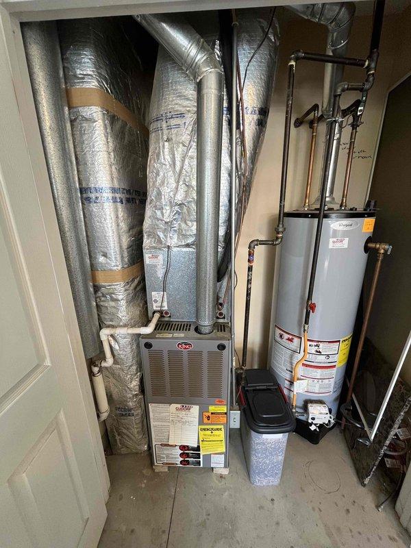 Performed comprehensive assessment of 23-year-old HVAC system that was inoperative. Inspected furnace unit, ductwork, and electrical components in mechanical closet. Documented existing equipment condition including aged furnace with visible wear, insulated ductwork system, and control wiring. Provided complete replacement estimate for new HVAC system due to age and failure of existing equipment.