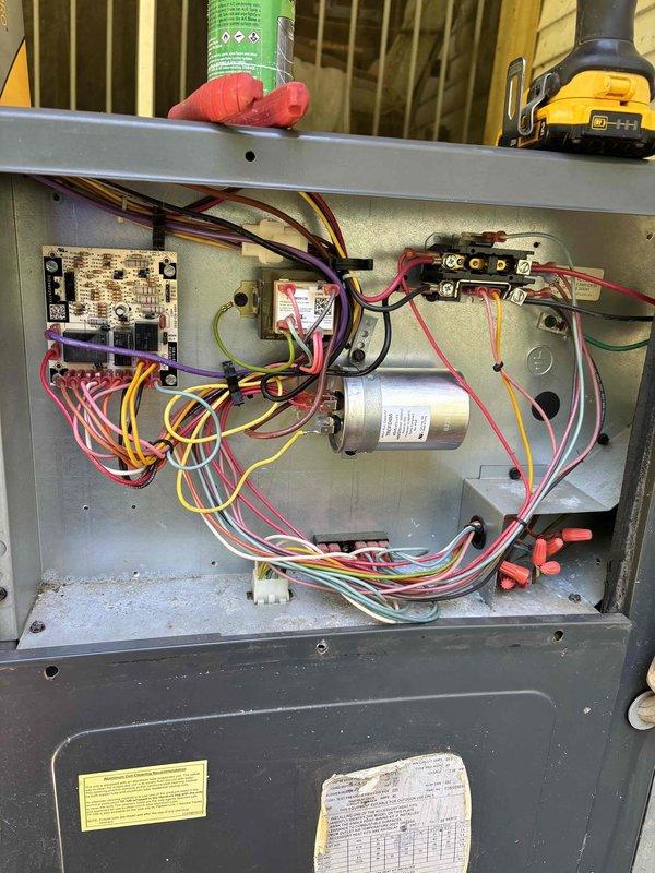 Completed planned maintenance on 5-year-old residential HVAC system with 20x20x5 filter configuration. Performed comprehensive inspection of outdoor condensing unit, verifying proper placement on concrete pad and clearances around unit. Accessed electrical control panel and inspected all internal components including capacitor, control board, wiring connections, and safety controls. All electrical connections were secure with no signs of overheating or deterioration. Applied appropriate cleaning and maintenance procedures to ensure optimal system performance. Unit operating within normal parameters upon completion of service.