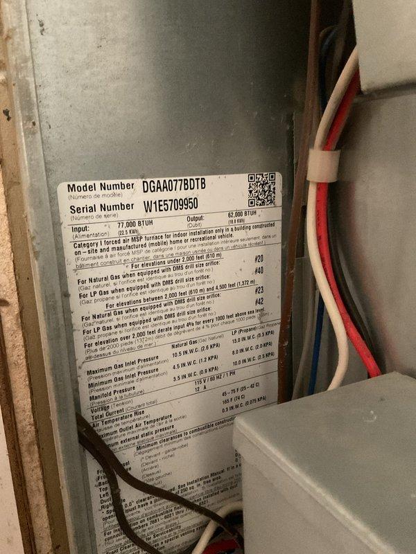 Conducted comprehensive replacement estimate for non-operational residential HVAC system. Evaluated existing Goodman forced air furnace (Model DGAA077BDTB, 77,000 BTUH input capacity) currently installed in utility closet, noting unit age and condition. Assessed natural gas supply infrastructure including exterior meter assembly, pressure regulator, and piping configuration to determine compatibility requirements for replacement equipment. Documented system specifications, clearances, and installation parameters. Photographed existing equipment and gas service connections for proposal development. Provided homeowner with complete replacement options and recommendations for new HVAC system installation.