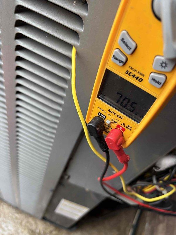 Completed second annual Gold Level planned maintenance visit on 8-year-old HVAC system. Performed comprehensive system diagnostics using calibrated digital multimeter, recording temperature and electrical readings to verify proper operation. Measured supply air temperature at 70.5°F and inspected evaporator coil area with reflective ductwork insulation intact. Conducted standard maintenance protocol including filter inspection for 24x25x5 filter size, electrical component testing, and overall system performance evaluation. All measurements within normal operating parameters. System operating efficiently with no deficiencies noted. Customer due for service agreement renewal.