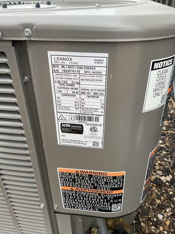 Completed annual Platinum Level planned maintenance on two HVAC systems at this location. Performed comprehensive inspection and service on Lennox ML13KC1-030-230A04 outdoor condensing unit (manufactured 06/2025, 11 months old) utilizing R-454B refrigerant. Verified all electrical connections, tested compressor operation (RLA 13.5, LRA 92), inspected condenser coil and fan motor assembly, confirmed proper airflow through louvered panels, and documented unit condition with photographic records. System operating within manufacturer specifications with no deficiencies noted. Customer is due for renewal.