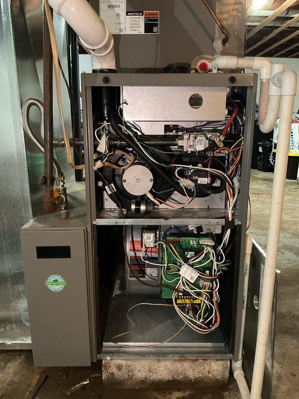 Completed monthly Gold Level planned maintenance on a 3-year-old single system HVAC unit. Performed comprehensive inspection of Lennox furnace and air handler, checking all internal components including blower motor assembly, electrical connections, circuit boards, and wire routing. Replaced 16x25x5 air filter per maintenance protocol. Verified proper operation of all mechanical and electrical systems, confirmed refrigerant specifications, and documented equipment condition through photographic records. All components found operating within normal parameters with no deficiencies noted.