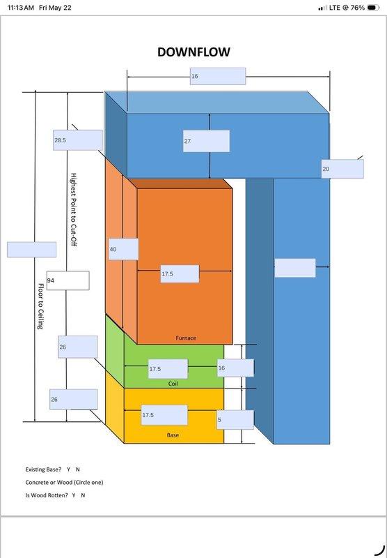 Completed comprehensive HVAC replacement estimate for aging but functional furnace and air conditioning system. Assessed existing downflow configuration, documented ceiling-mounted return air grille, evaluated base condition and floor-to-ceiling clearances, and provided technical specifications for complete system replacement including furnace, evaporator coil, and ductwork components.