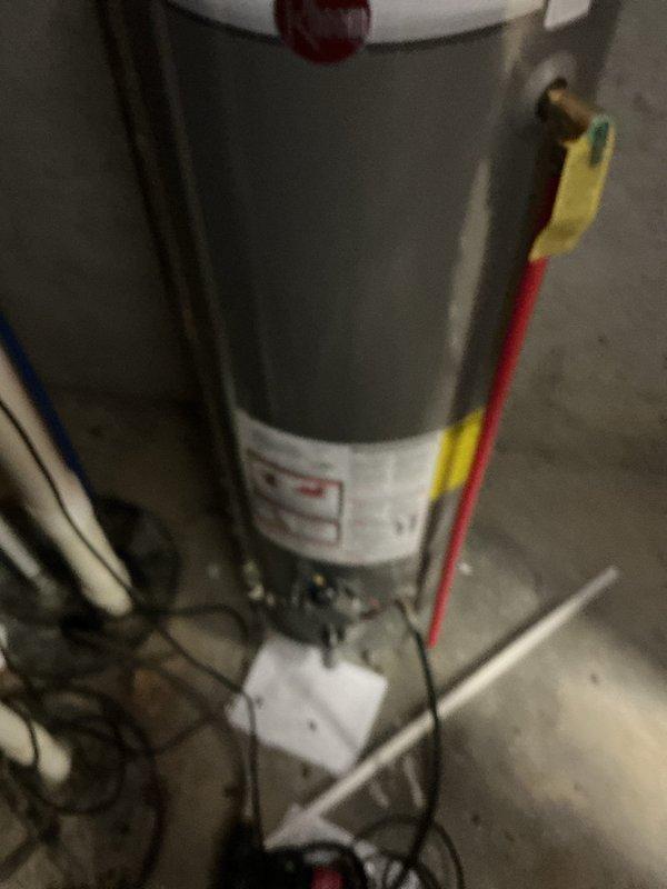 Completed Bronze membership water heater flush service on Rheem Classic Professional tanked unit. Drained sediment from tank bottom, verified proper operation of temperature and pressure relief valve with yellow tag, inspected all copper supply line connections and brass fittings for leaks, and confirmed unit returned to normal operation with no issues observed.