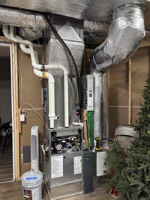 Completed Platinum Level maintenance on single HVAC system during first visit of 2-year service agreement. Performed comprehensive system inspection, replaced 25x25x4 air filter, checked temperature differentials across system using digital thermometer, verified proper airflow through ductwork, and documented equipment condition with photos. All components operating within normal parameters, and system showing proper heating/cooling performance with adequate insulation on ductwork and proper drainage configuration.
