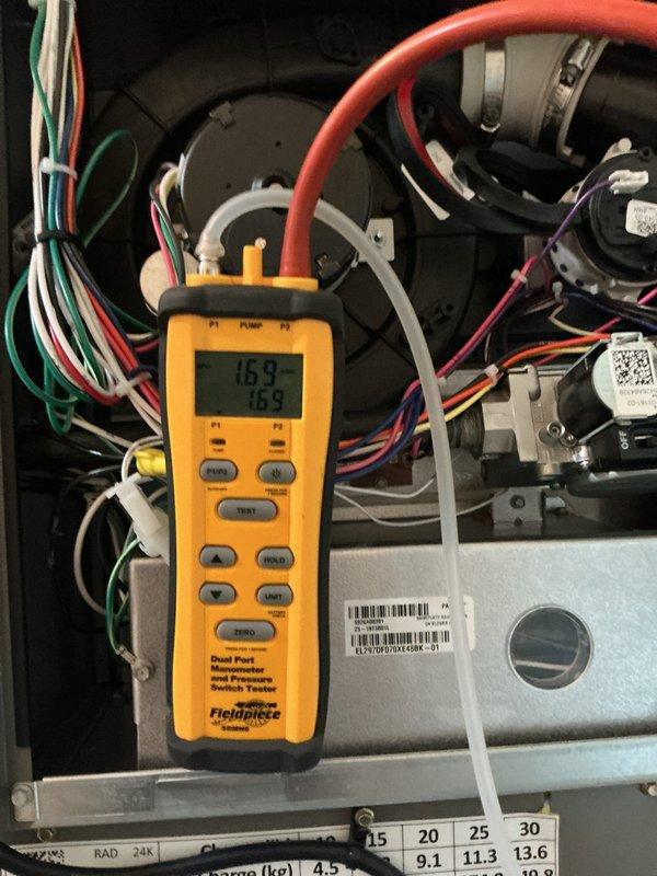 Completed first visit of planned HVAC maintenance requiring 3-month service interval with 16x25x5 filter replacement. Performed diagnostic testing of system controls using dual port manometer, recording pressure readings of 16.9 on both ports to verify proper system operation. Inspected ECM drive control board and verified all wire connections at terminal blocks, confirming electrical components and circuitry functioning within normal parameters. Customer will reschedule for completion of remaining maintenance tasks.
