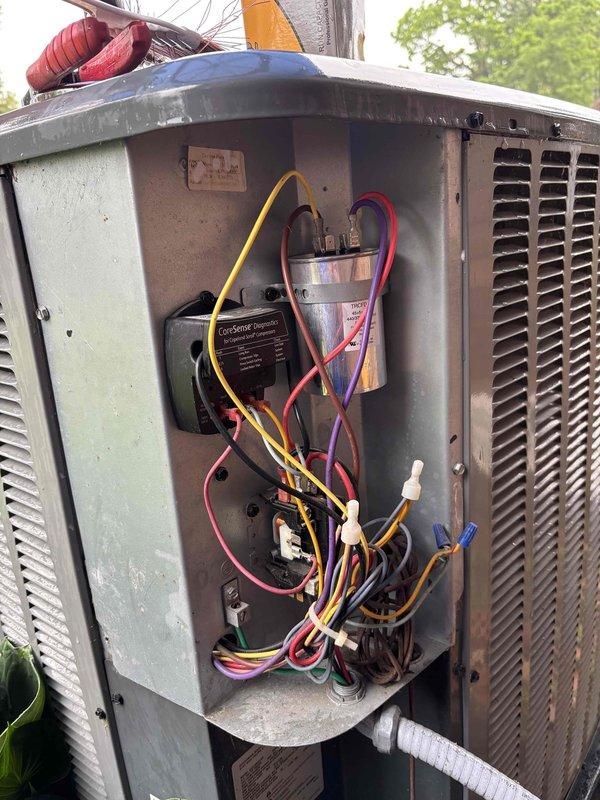 Completed annual Platinum Level maintenance on a 6-year-old HVAC system. Performed comprehensive inspection of outdoor condensing unit, including electrical components, capacitor, contactor, and EasyStart soft-start device. All wiring connections were inspected and found secure with proper color-coded terminations. Replaced 20x25x5 air filter. Measured and recorded system temperatures, with supply temperature reading 38.8°F indicating proper cooling operation. Verified all electrical connections at control board and capacitor terminals. Inspected unit casing and access panels for proper operation. System operating within normal parameters with no deficiencies noted. Unit ready for continued service.