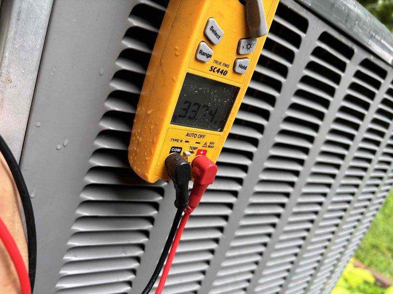 # HVAC Maintenance Summary

Completed Gold Level planned maintenance on 4-year-old residential HVAC system during first annual service visit. Performed comprehensive system inspection and diagnostic testing using calibrated digital instruments to verify operational parameters and system performance. Replaced 20x20x5 air filter as part of routine maintenance protocol. Conducted temperature and electrical measurements at outdoor condensing unit, confirming proper refrigerant pressures and electrical values within manufacturer specifications. Documented equipment condition with photographic evidence showing some surface oxidation and weathering on ductwork components consistent with system age. All critical components tested and verified operational. System running efficiently with no immediate repairs required.
