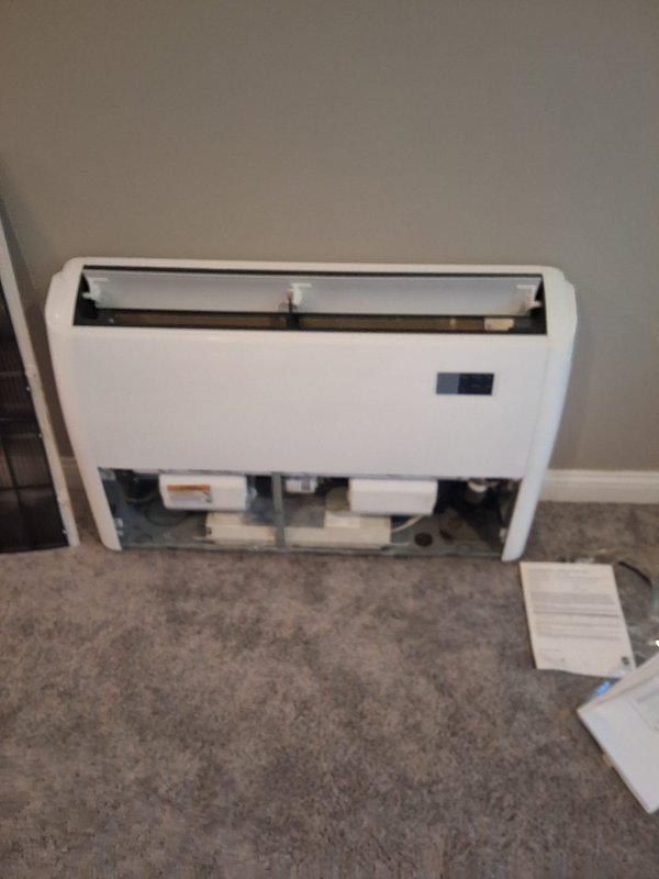 Responded to no-cooling complaint on 8-year-old ductless mini-split system with indoor unit blowing warm air and outdoor condenser fan not operating. Performed diagnostic inspection of both indoor wall-mounted evaporator unit and outdoor heat pump condenser. Confirmed outdoor fan motor failure preventing heat rejection and causing loss of cooling capacity. Verified electrical connections at disconnect box, checked control board signals, and tested capacitor and fan motor operation. Indoor unit blower functioning properly but system unable to cool due to non-operational outdoor fan assembly requiring replacement to restore normal cooling operation.