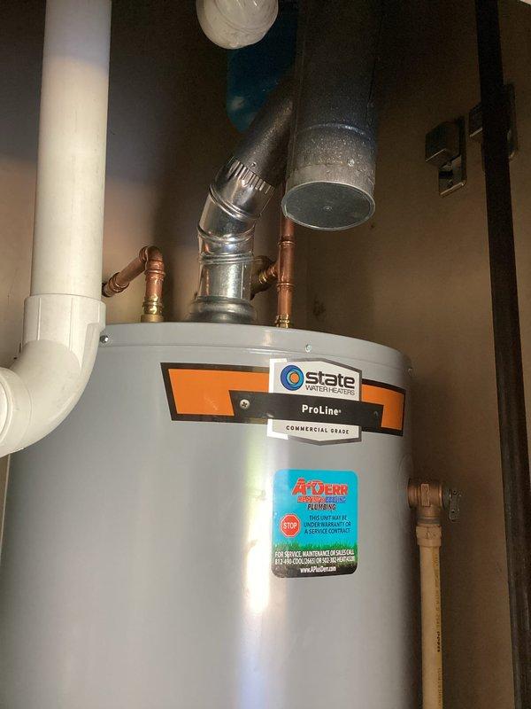 Installed a 50-gallon State Water Heaters ProLine commercial-grade water heater in utility room with complete plumbing connections, gas line hookup, and proper venting. Unit includes 6-year parts warranty and 1-year labor warranty, with all connections secured to code and system tested for proper operation.