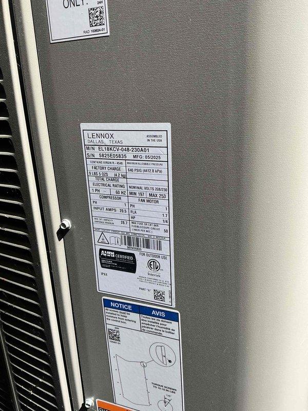 Completed Platinum Level Duo Maintenance on two-system HVAC setup. Serviced Lennox EL18KCV-048-230A01 unit manufactured 05/2023, performed comprehensive system diagnostics including amperage readings measuring 23.96A using calibrated clamp meter, replaced 20x25x5 filter on accessible system, verified proper electrical operation and refrigerant specifications per manufacturer ratings, and documented equipment conditions with unit operating within normal parameters.