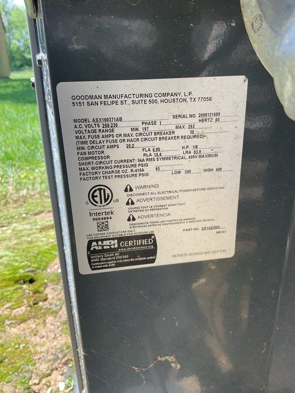 Completed scheduled HVAC maintenance on Goodman model A5X18031TAB outdoor condensing unit operating at 208-230V. Performed comprehensive system tune-up including inspection of compressor, condenser coil, fan motor operation, and electrical connections. Verified proper refrigerant pressures and system performance. Checked Honeywell ProSeries thermostat functionality, confirmed accurate temperature readings and cooling mode operation. Unit showed normal outdoor weathering consistent with exterior installation; all components operating within manufacturer specifications upon completion of maintenance.