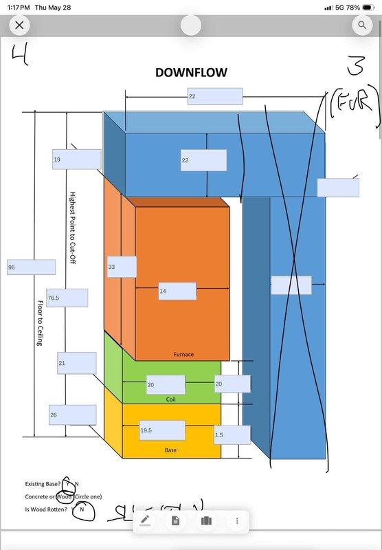 Completed comprehensive HVAC system replacement estimate for aging residential heating and cooling equipment no longer maintaining adequate comfort levels. Evaluated existing downflow furnace configuration with evaporator coil and outdoor condensing unit, documenting system layout, clearances, and installation specifications including floor-to-ceiling measurements and equipment dimensions. Assessed current equipment condition, base mounting requirements, and refrigerant line routing to provide homeowner with complete replacement options for new high-efficiency system installation.