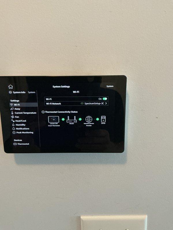 Completed annual platinum-level preventive maintenance on single HVAC system installed in March 2024. Performed comprehensive inspection and service of all system components per manufacturer specifications. Verified thermostat programming and Wi-Fi connectivity status, confirming proper communication with smart home network (SpectrumSetup-X) and mobile device integration. Tested "Feels Like" temperature feature settings and reviewed system configuration menu including fan operation, heat/cool modes, humidity controls, and notification preferences. Collected filter size information for future service requirements. All equipment operating within normal parameters with no deficiencies noted at time of service.