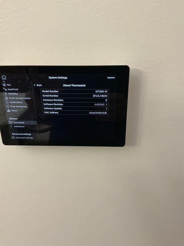 Completed first scheduled maintenance visit on HVAC system as part of 3-month service plan. Inspected air handler unit and replaced 20x25x5 air filter in accordance with maintenance schedule. Verified proper airflow direction and documented filter installation date on tracking label. Checked system operation and reviewed diagnostic codes on unit display panel, confirming all components functioning within normal parameters. Accessed smart thermostat (Model 1070SB-01) to verify system settings, software version 4.10.0143, and confirmed proper communication between thermostat and HVAC equipment. All equipment operating efficiently with no issues identified during this routine maintenance inspection.