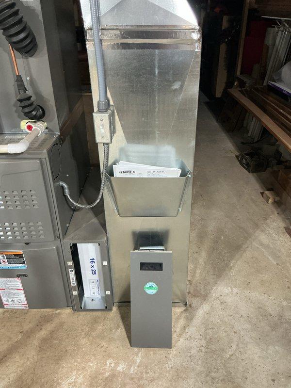 Completed annual planned maintenance on 8-month-old Lennox HVAC system including furnace and air handler. Performed comprehensive system diagnostics using dual port manometer to verify refrigerant pressures and system performance, recording readings within normal operating parameters. Inspected all electrical connections, wiring harnesses, and control components for proper operation. Replaced 16x25x5 air filter and verified airflow through system. Conducted visual inspection of condensate drain lines, PVC piping, and flexible ductwork connections. All components functioning properly with no issues identified during this first annual maintenance visit.