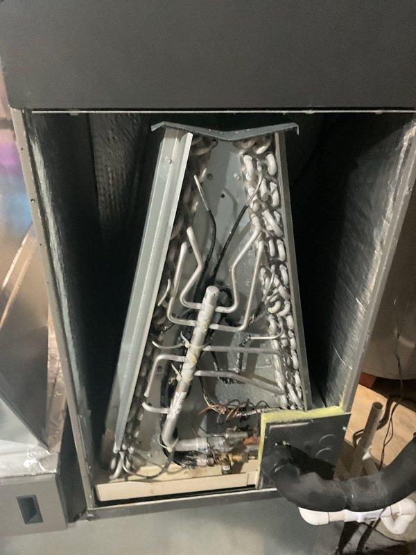 Responded to water leak complaint at basement air handler unit approximately 1.25 years old. Upon arrival, observed active water leakage from base of furnace with saturated air filter and moisture infiltration through middle section of system. Opened lower access panel to inspect evaporator coil assembly and internal components. Identified source of water intrusion affecting refrigerant lines and internal cabinet. Utilized diagnostic equipment to assess system operation and leak origin. Documented internal mechanical components including serpentine refrigerant tubing, electrical connections, and coil assembly condition. System was operational at time of service with airflow present through vents.