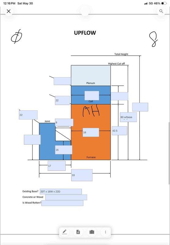 Completed comprehensive HVAC system replacement estimate for existing dual outdoor condenser unit installation mounted on concrete pads against brick exterior. Assessed current upflow configuration including furnace, evaporator coil, and plenum components with detailed dimensional measurements for proper equipment sizing and compatibility. Documented existing installation specifications, base conditions, and structural requirements to provide accurate replacement recommendations for complete system upgrade.