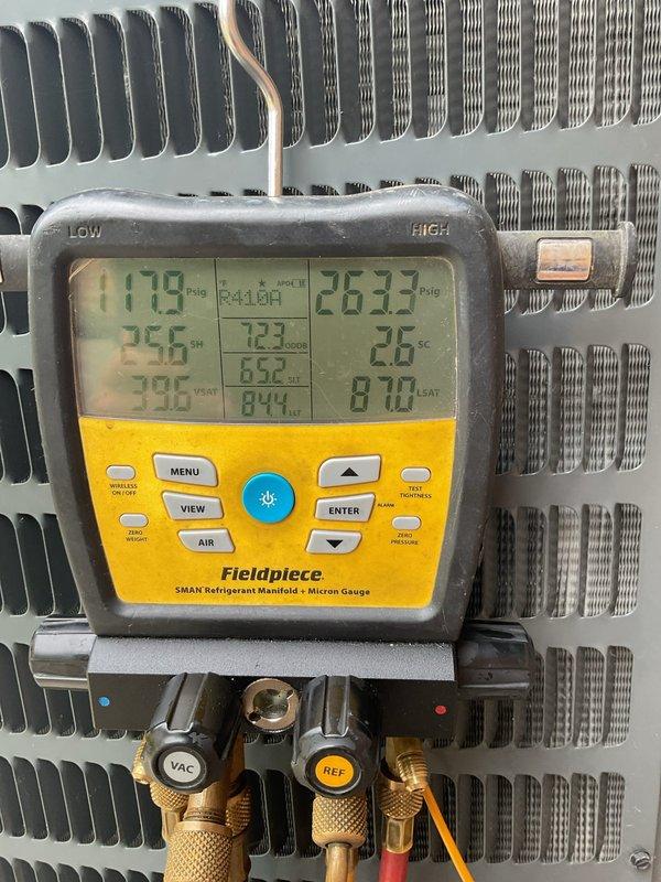 Responded to no cooling complaint on 4-6 year old residential air conditioning system blowing warm air. Upon arrival, confirmed adequate airflow at supply registers with no ice formation on indoor coil. Connected refrigerant manifold gauges to outdoor condensing unit and performed system pressure diagnostics. Measured suction pressure at 170.8 PSI and discharge pressure at 267.3 PSI, indicating abnormal operating conditions. Temperature readings confirmed insufficient cooling capacity and improper refrigerant charge affecting system performance. Identified refrigerant-related issue preventing proper heat transfer and cooling output, requiring corrective action to restore normal system operation.